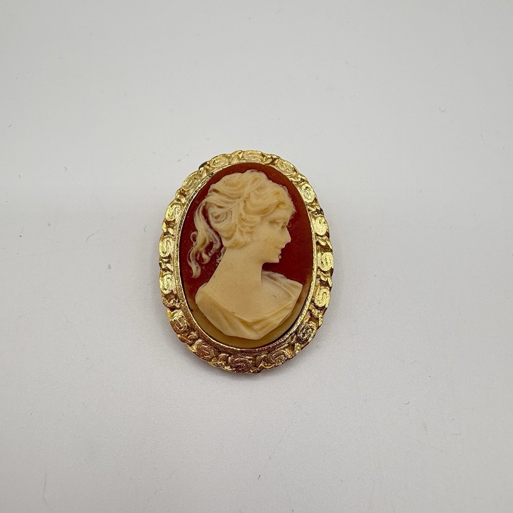 Vintage Cameo Brooch Gold Tone Oval Resin Lady‎ Profile Costume Jewelry